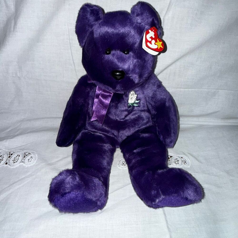 Ty Beanie Buddy “Princess Diana” 15″ Purple Bear – 1998 Rare Embroidered Cloth T